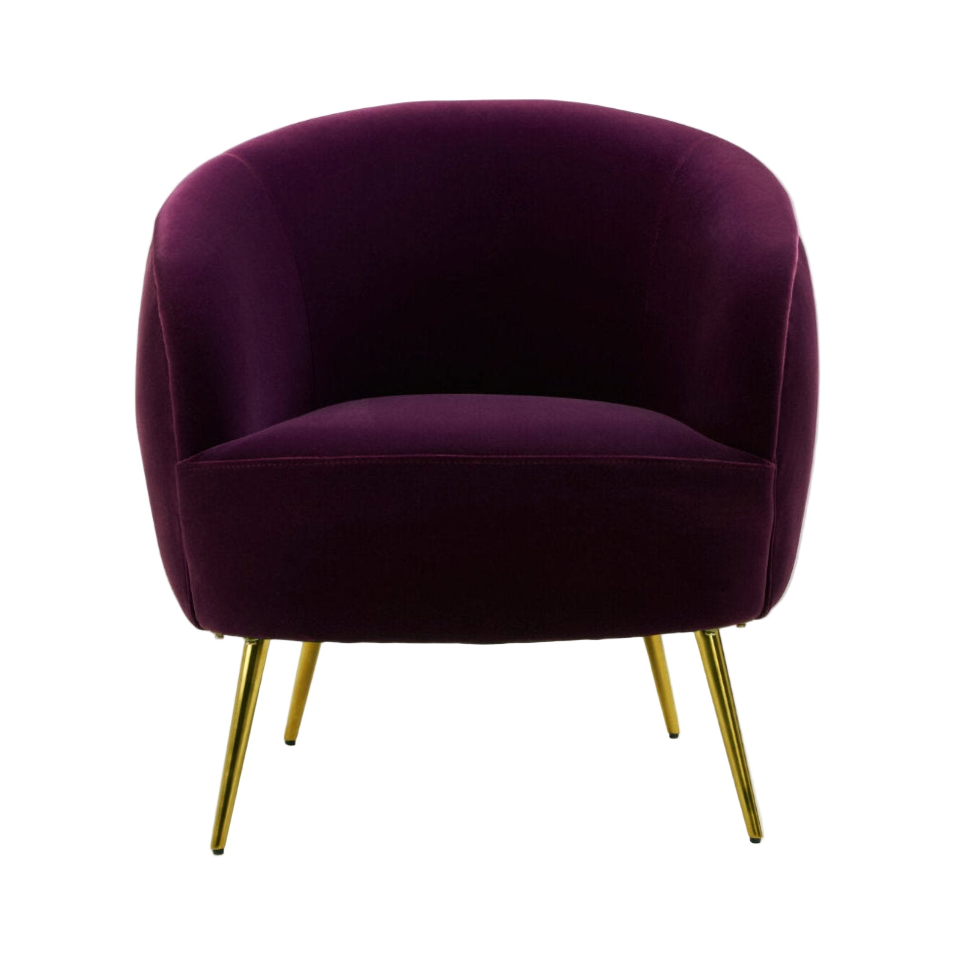 Purple velvet armchair with gold legs on a white background