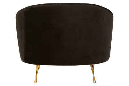 Black upholstered chair with gold legs on a white background