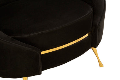 Black velvet armchair with gold accents on a white background
