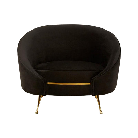 Black armchair with gold legs on a white background