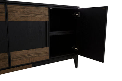 Black and wood-patterned sideboard with open doors on a white background