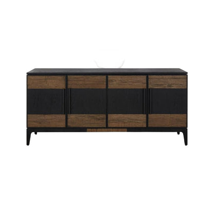 Wooden sideboard with black accents on a white background