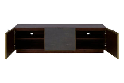Wooden entertainment console with open doors on a white background