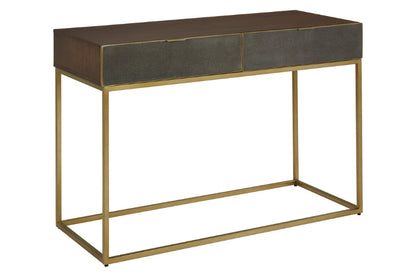 Console table with dark top and gold frame on a white background