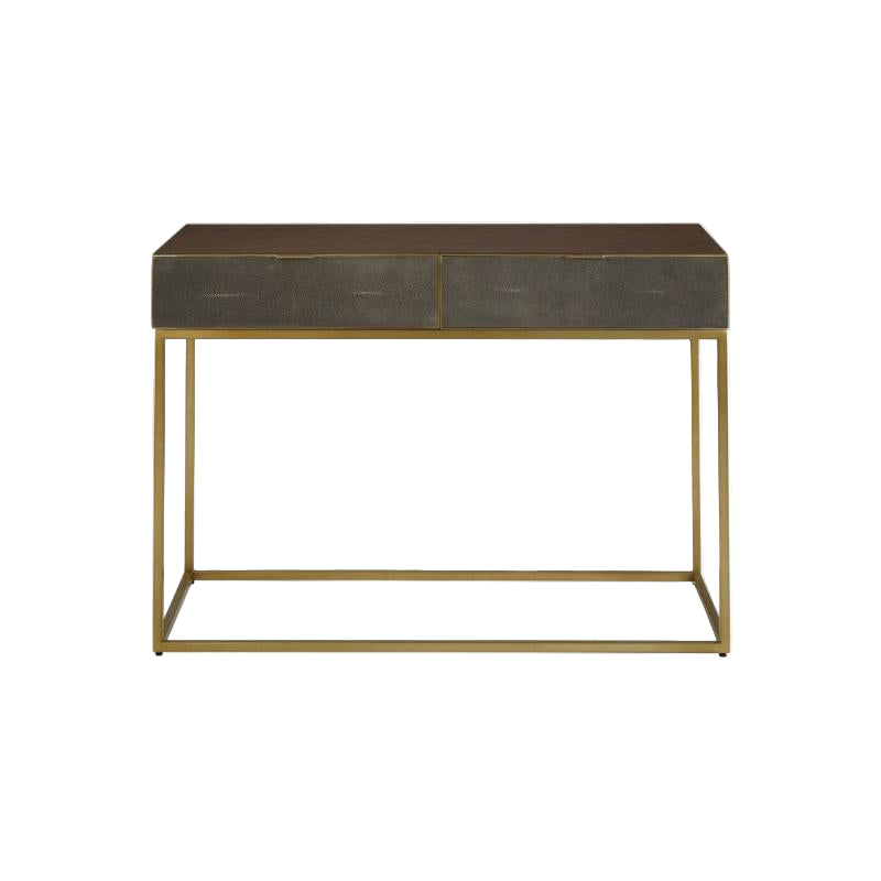 Console table with metallic gold frame and dark brown top on a white background