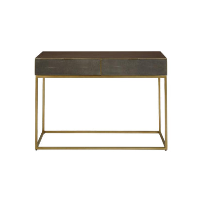 Console table with metallic gold frame and dark brown top on a white background