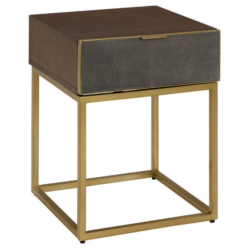 Side table with brown top and gray drawer on a gold frame