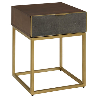 Side table with brown top and gray drawer on a gold frame