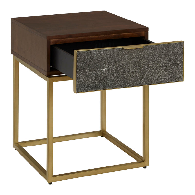 Side table with a drawer featuring a brown top and gold frame on a white background