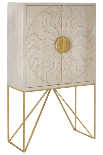 Decorative cabinet with geometric design and gold legs on a white background
