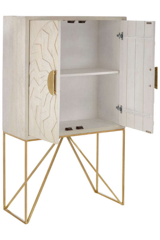 Modern cabinet with marble-patterned doors and gold geometric legs on a white background