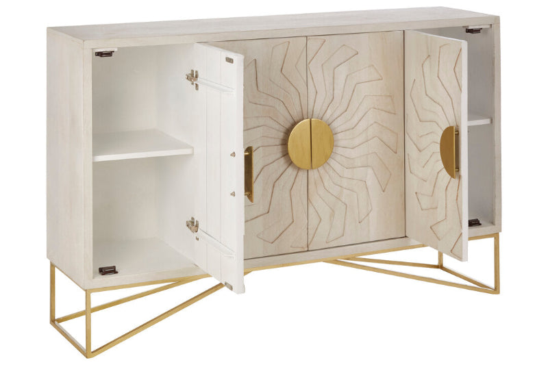 Decorative cabinet with open doors featuring gold accents on a white background