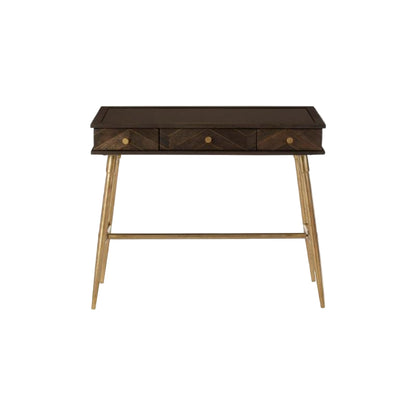 Wooden desk with a chevron pattern on the front panel against a white background