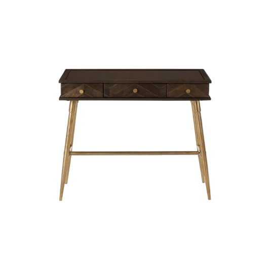 Wooden desk with a chevron pattern on the front panel against a white background