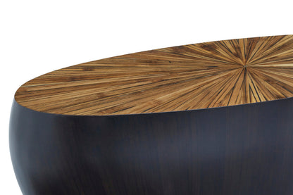 Wooden table with a starburst pattern on a white background