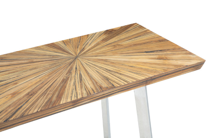 Wooden table with a sunburst pattern on a white background