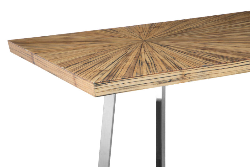 Wooden table with a starburst pattern on a white background