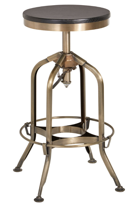 Bronze adjustable bar stool with black marble top on a white background