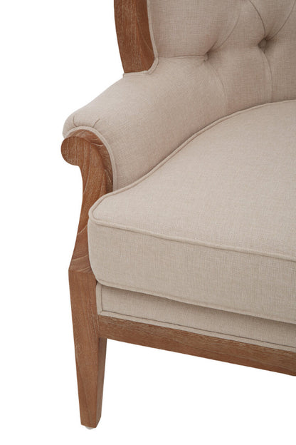 Close-up of a beige upholstered chair with wooden armrests on a white background
