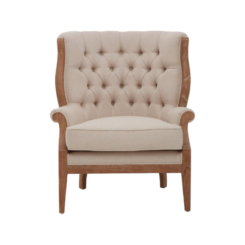 Beige armchair with wooden frame on a white background