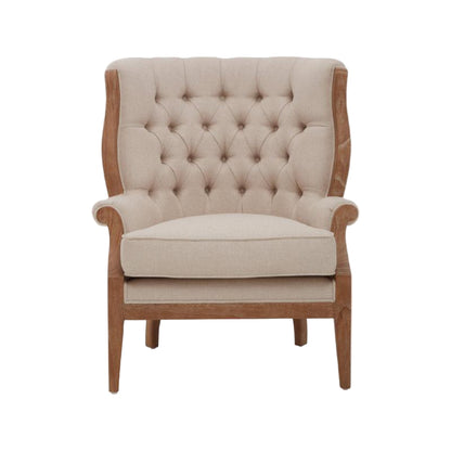 Beige armchair with wooden frame on a white background