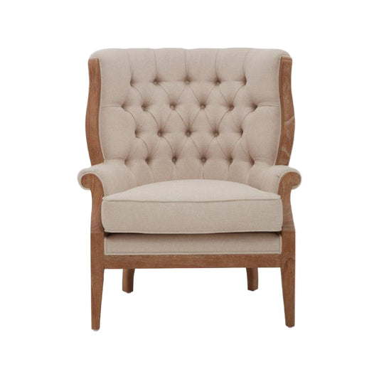 Beige armchair with wooden frame on a white background