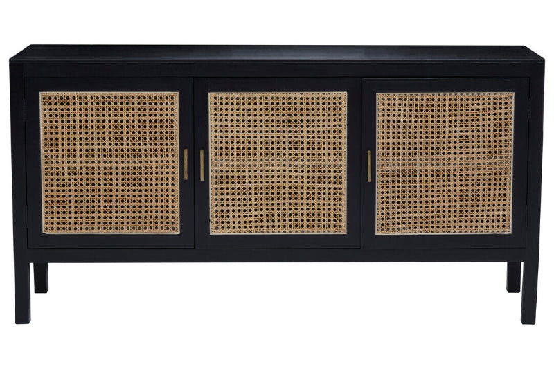 Black cabinet with rattan doors on a white background