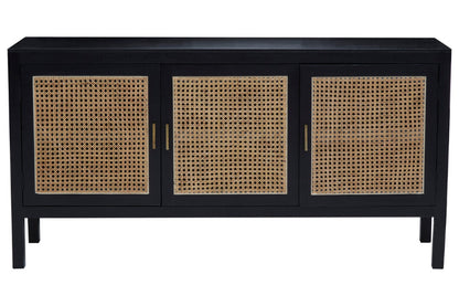 Black cabinet with rattan doors on a white background