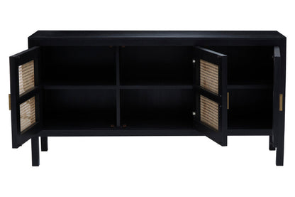 Black sideboard with open doors on a white background