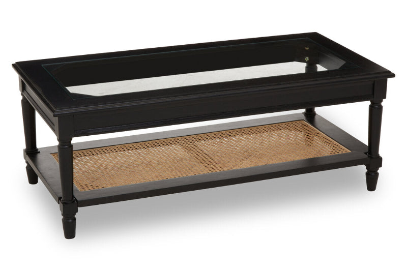 Ardela & Co Celso Black Coffee Table with Rattan Shelf