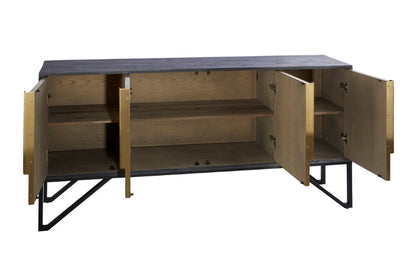 Wooden sideboard with open doors on a white background