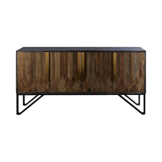 Wooden cabinet with geometric pattern and black metal legs on a white background