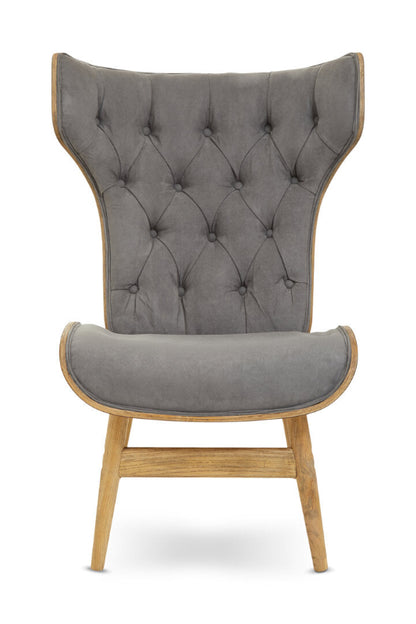 Gray upholstered chair with wooden armrests on a white background