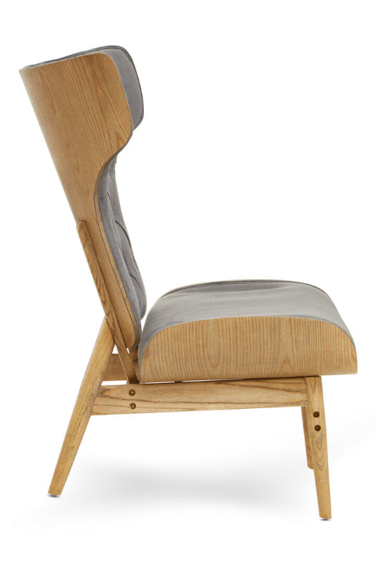 Modern chair with wooden frame and gray cushion on a white background