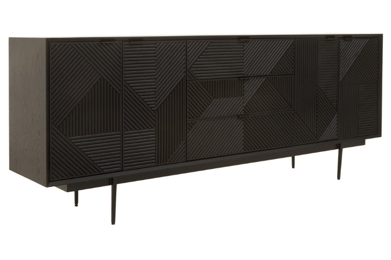 Black geometric-patterned sideboard on a white background