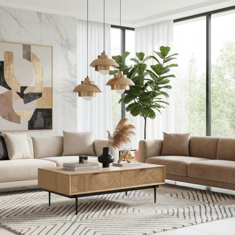 Modern living room with beige sectional sofa, wooden coffee table, and decorative elements.