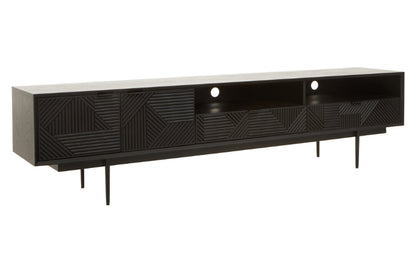 Black geometric-patterned TV stand on a white background