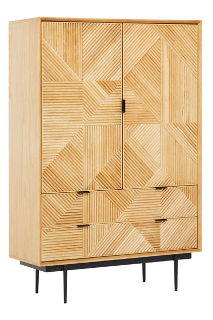 Wooden cabinet with geometric pattern on a white background