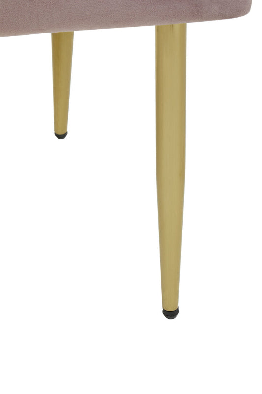 Close-up of a chair with pink cushioned seat and beige legs on a white background