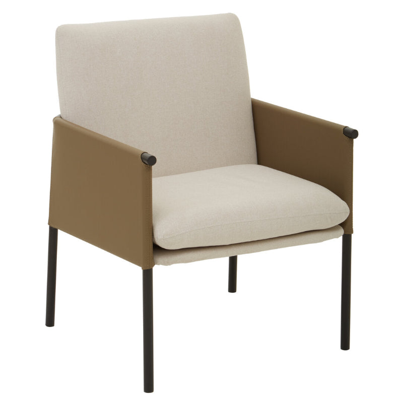 Beige armchair with brown frame on a white background