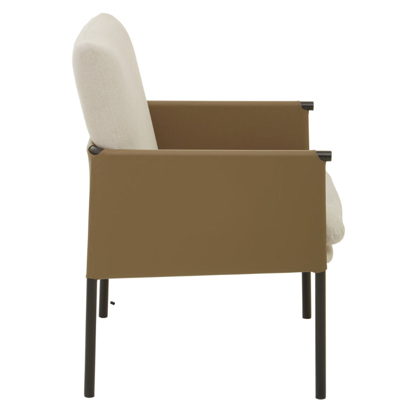 Chair with white cushioned backrest and brown seat on a white background