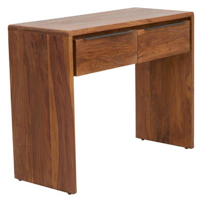 Wooden console table with two drawers on a white background
