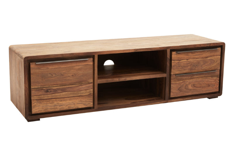 Wooden TV stand with multiple compartments on a white background