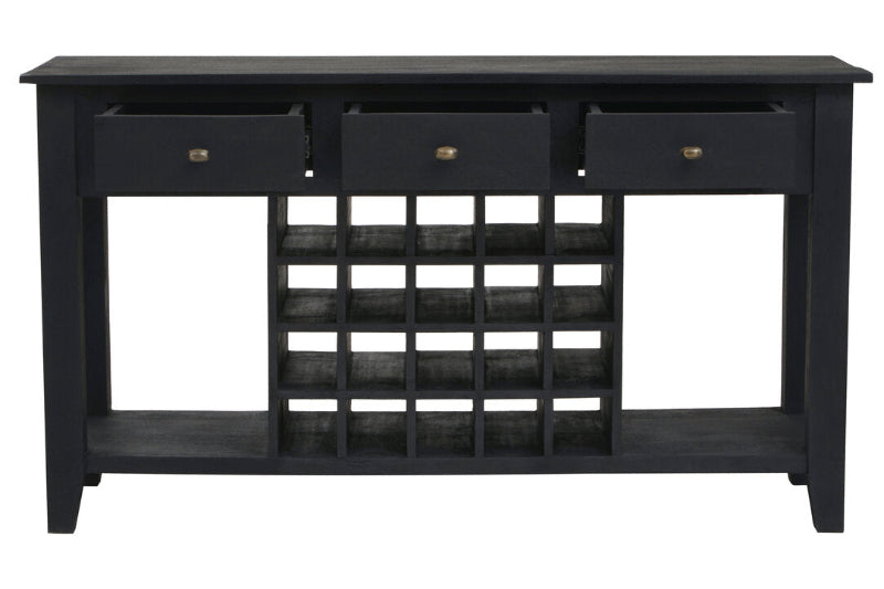 Black wooden console table with wine rack and drawers on a white background