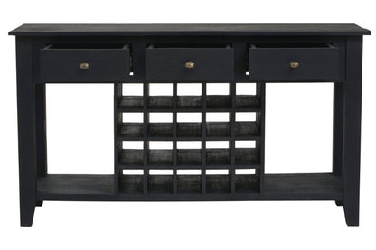 Black wooden console table with wine rack and drawers on a white background