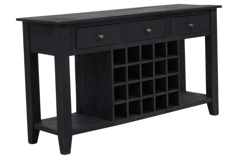 Black console table with wine rack and drawers on a white background