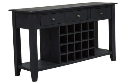 Black console table with wine rack and drawers on a white background