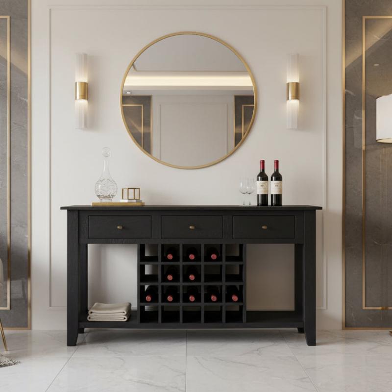 Black console table with wine bottle storage against a white wall with a round mirror.