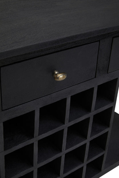 Black wine rack with a drawer and brass handle on a white background