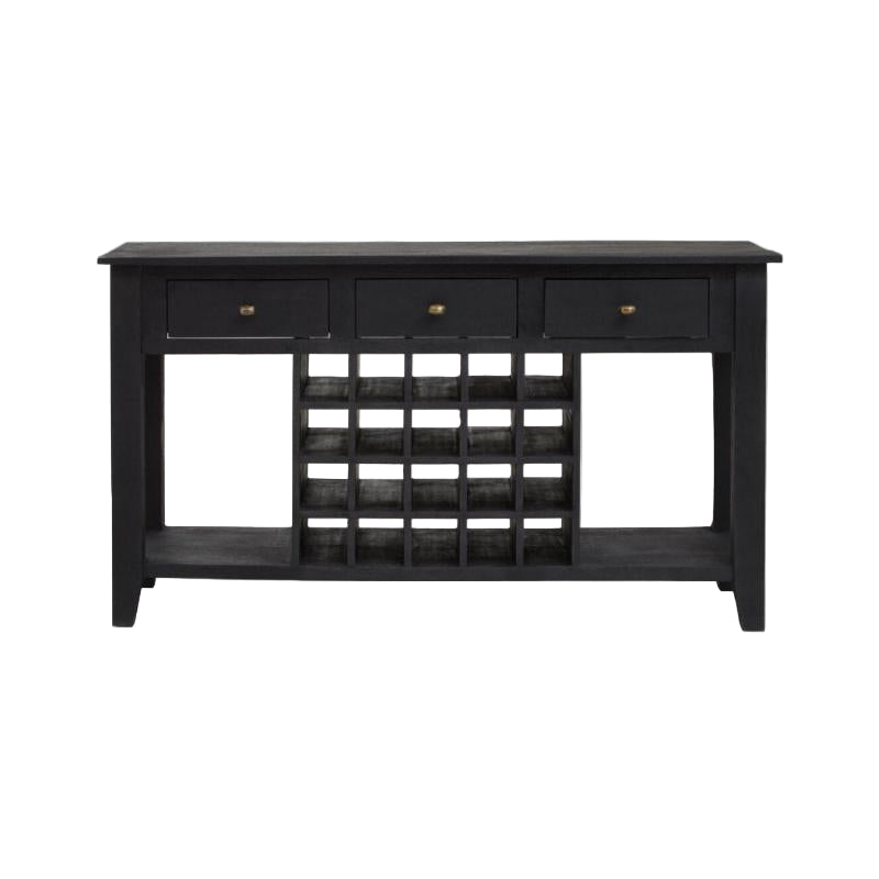 Black console table with wine rack on a white background